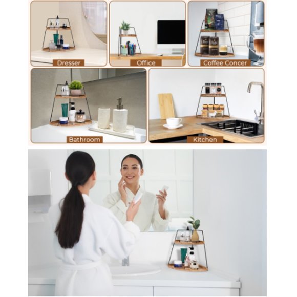 2-Tier Wooden Corner Organizer - Bathroom/ Kitchen/ Vanity Corner Shelf Storage - Picture 10 of 11